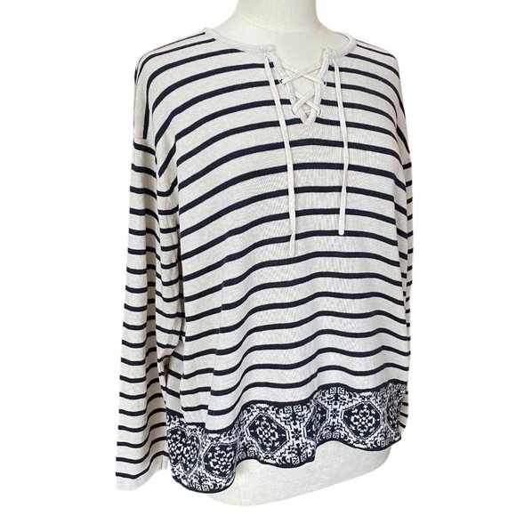 J. Jill Mariner Striped Damask Nautical Lace Up Lightweight Knit Pullover-L - Picture 1 of 13